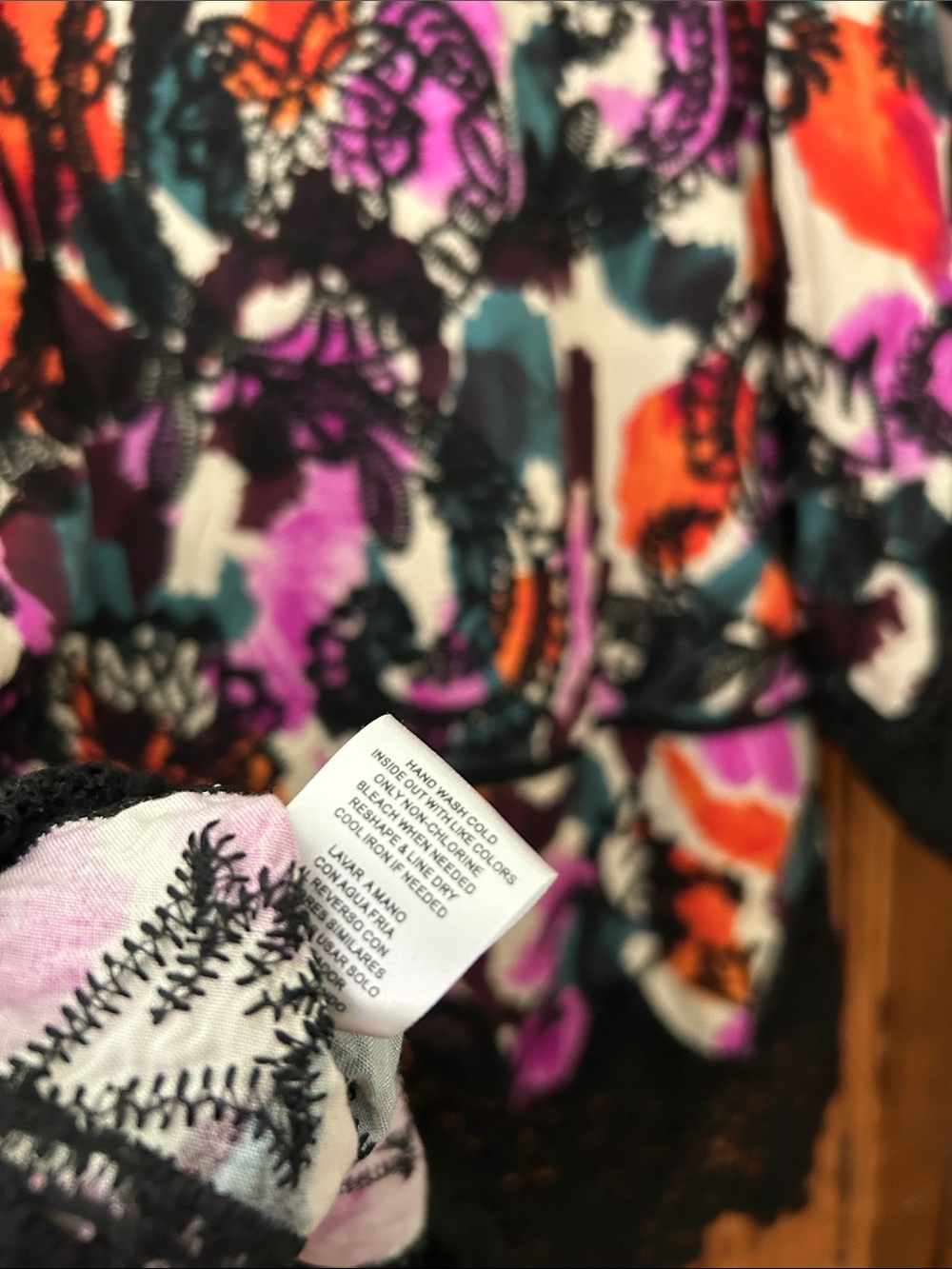 Democracy Floral V-Neck Tunic with Black Crochet Trim in Purple, Orange & Green - Picture 14 of 16